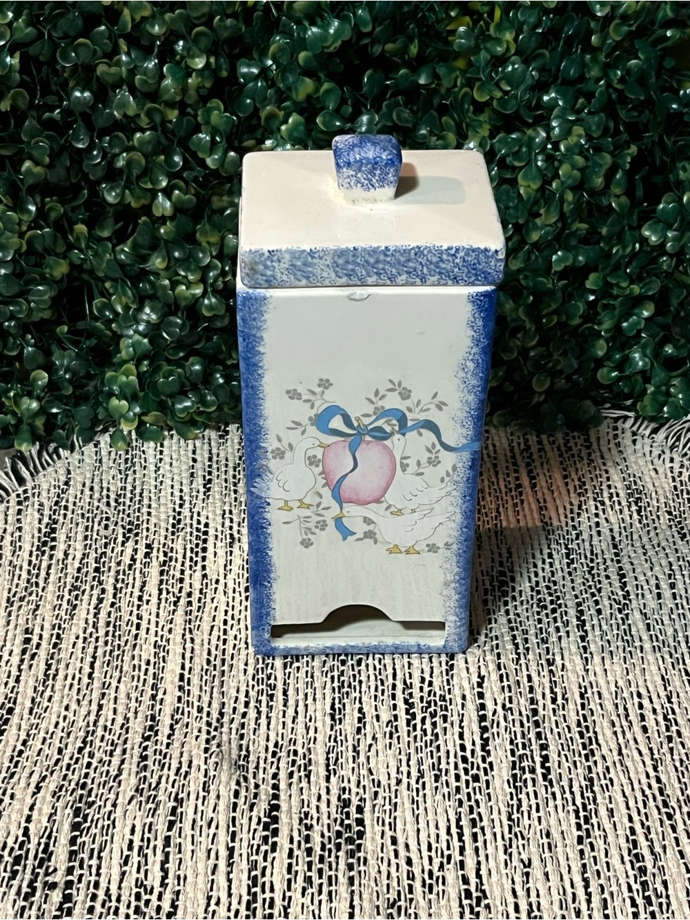 Vintage White Ceramic Kitchen Tea Bag holder Blue Trim Pink Heart Motif Goose